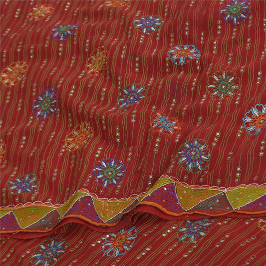Sanskriti Vintage Sarees Red Pure Georgette Hand Beaded Printed Sari Sustainable Fabric