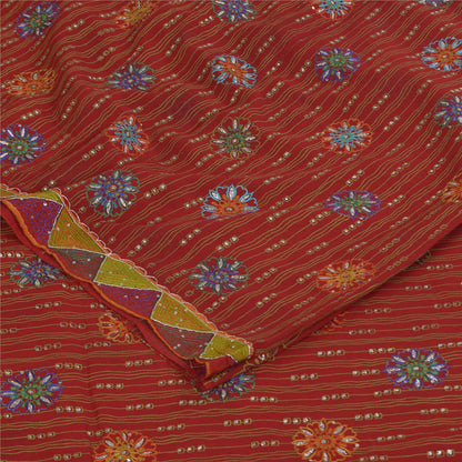 Sanskriti Vintage Sarees Red Pure Georgette Hand Beaded Printed Sari Sustainable Fabric