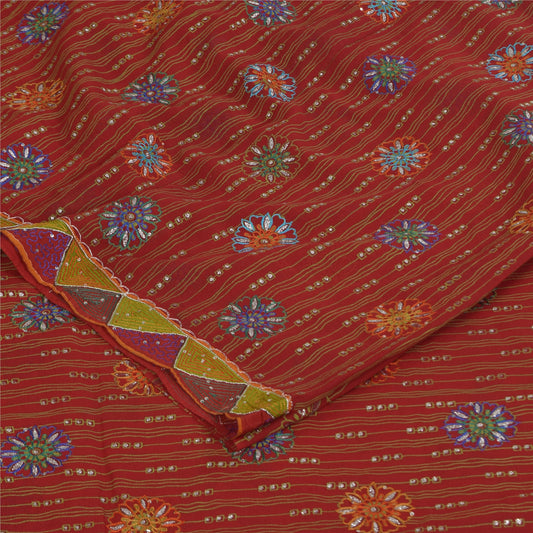 Sanskriti Vintage Sarees Red Pure Georgette Hand Beaded Printed Sari Sustainable Fabric