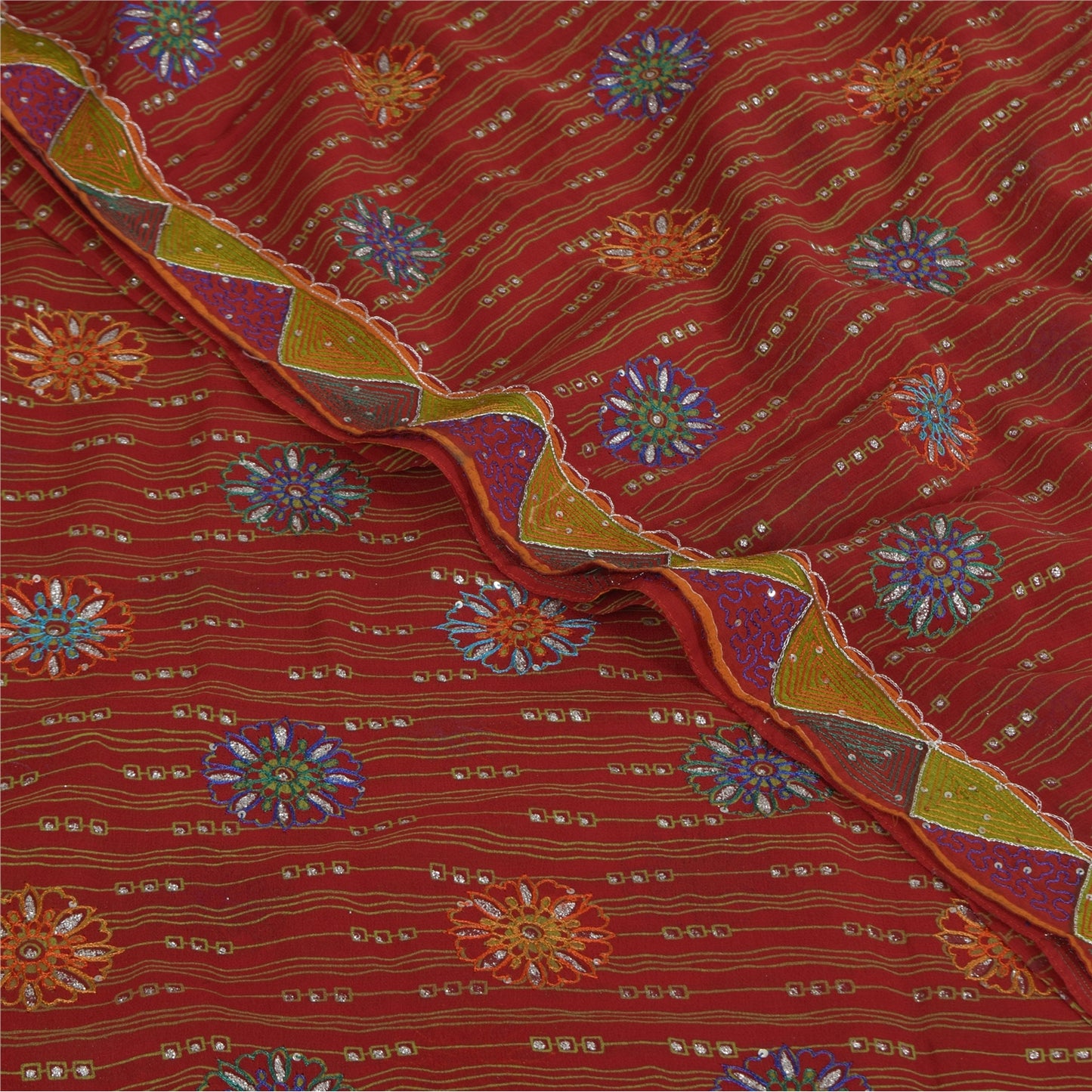 Sanskriti Vintage Sarees Red Pure Georgette Hand Beaded Printed Sari Sustainable Fabric