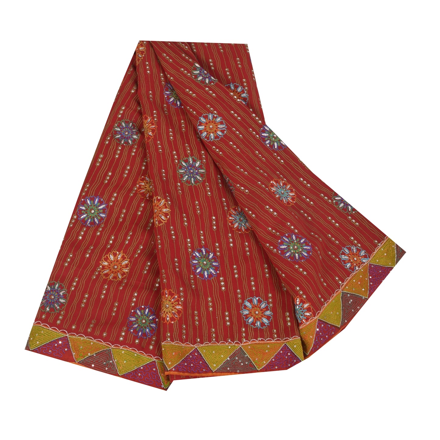 Sanskriti Vintage Sarees Red Pure Georgette Hand Beaded Printed Sari Sustainable Fabric