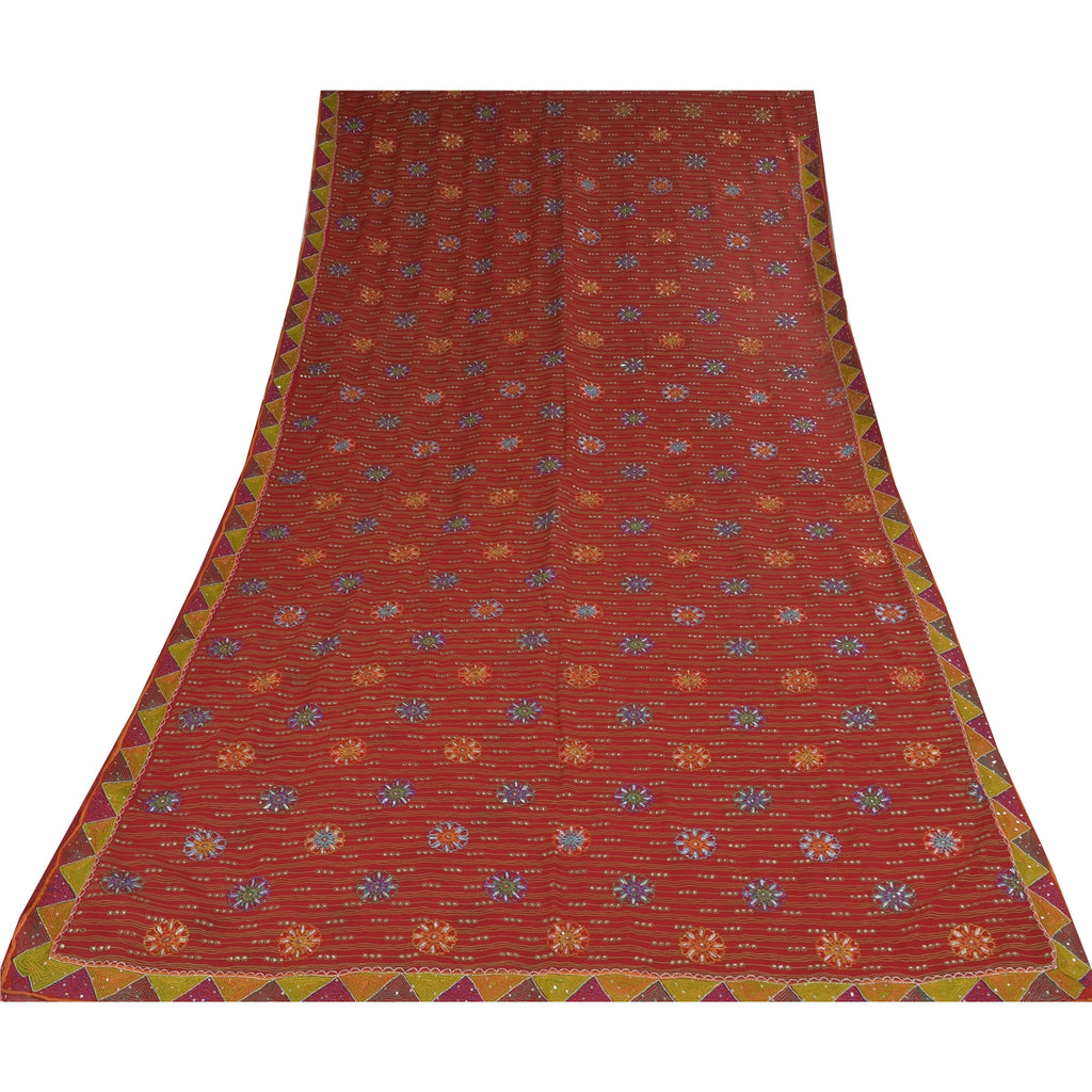 Sanskriti Vintage Sarees Red Pure Georgette Hand Beaded Printed Sari Sustainable Fabric