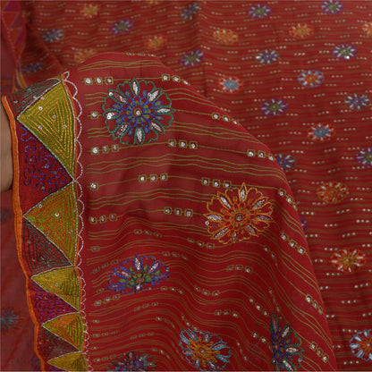 Sanskriti Vintage Sarees Red Pure Georgette Hand Beaded Printed Sari Sustainable Fabric