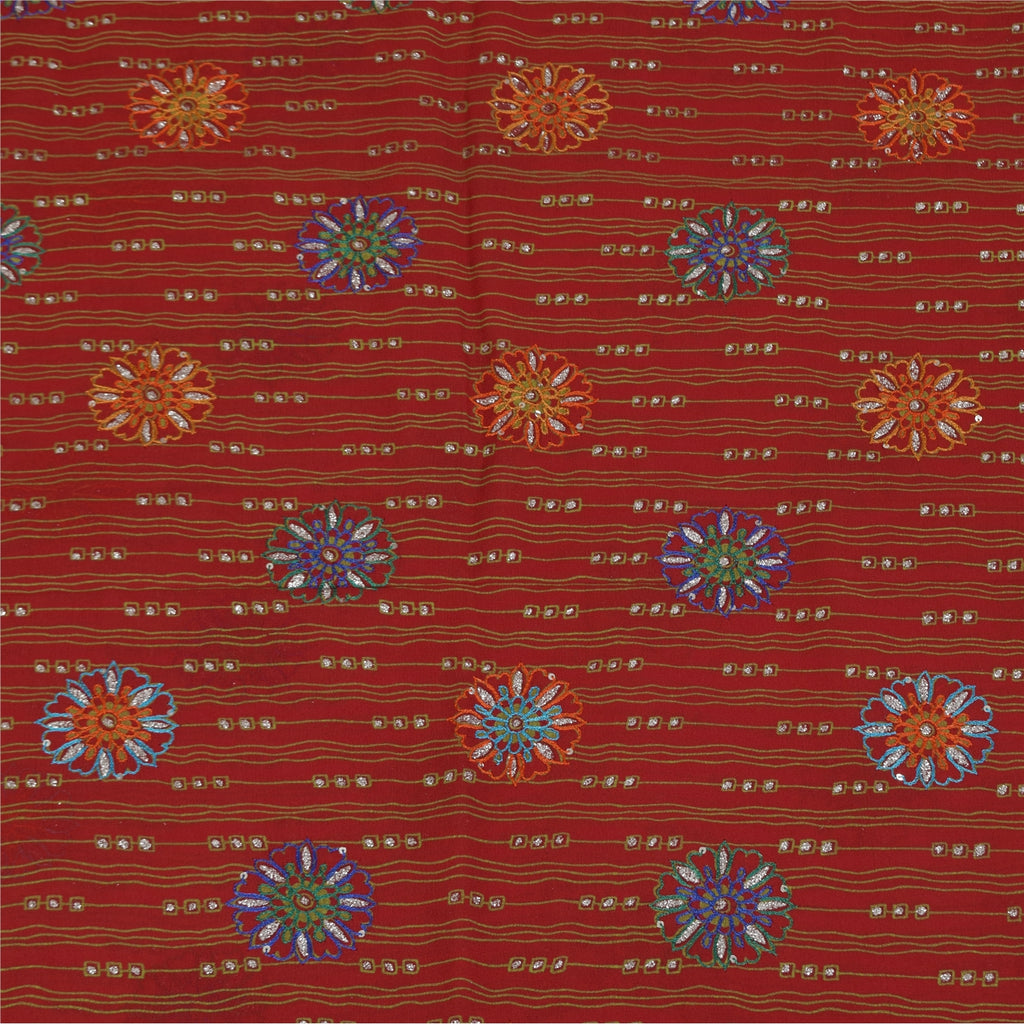 Sanskriti Vintage Sarees Red Pure Georgette Hand Beaded Printed Sari Sustainable Fabric