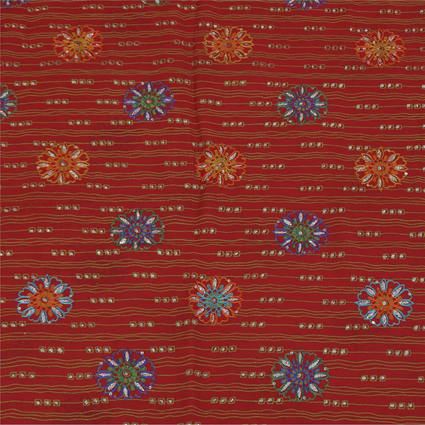 Sanskriti Vintage Sarees Red Pure Georgette Hand Beaded Printed Sari Sustainable Fabric