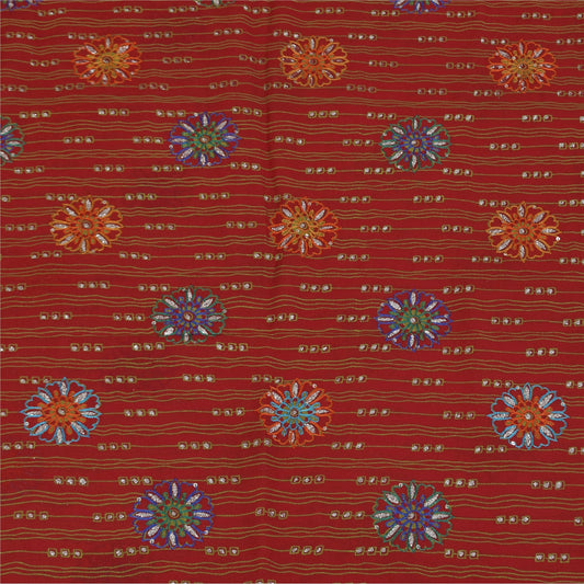 Sanskriti Vintage Sarees Red Pure Georgette Hand Beaded Printed Sari Sustainable Fabric