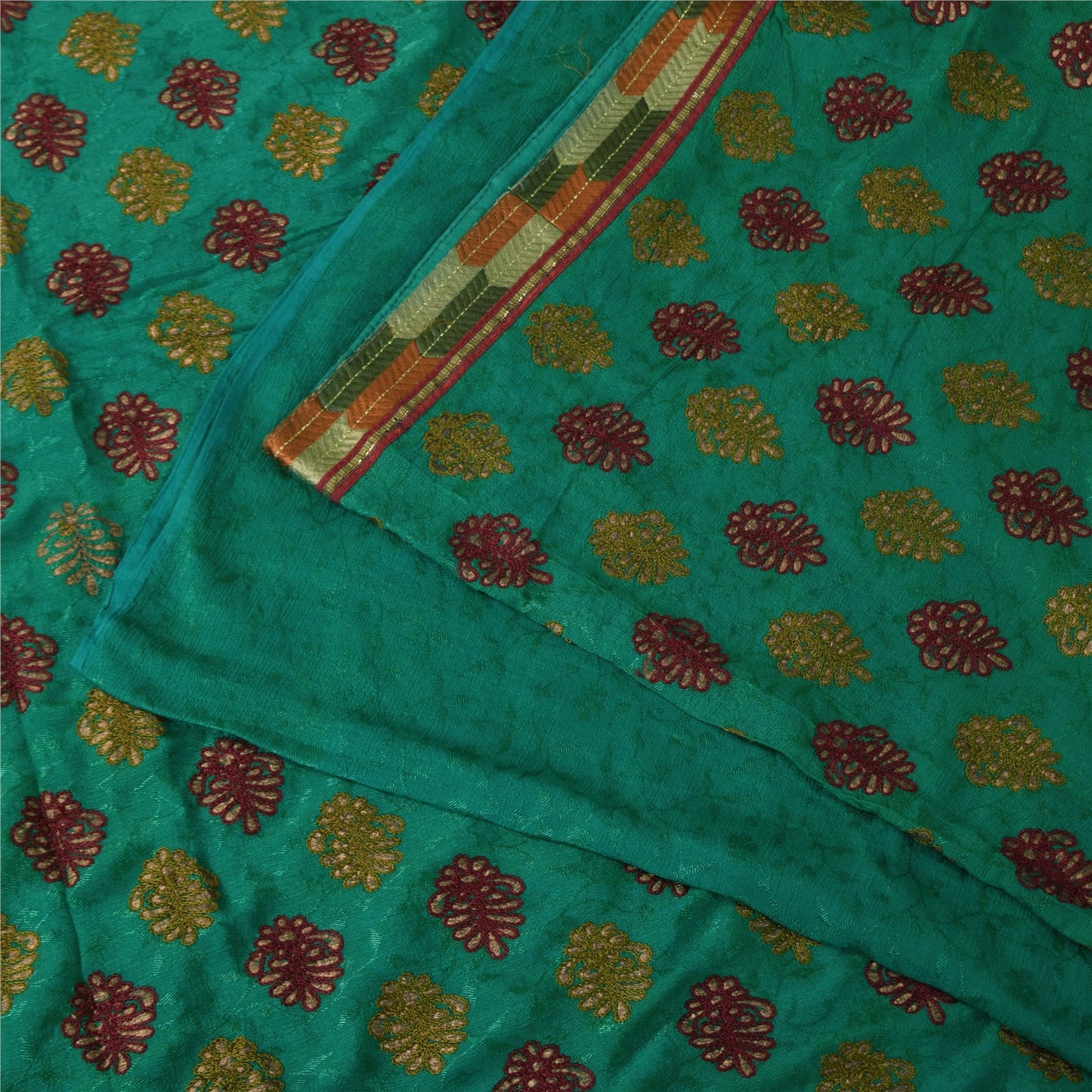 Sanskriti Vintage Sarees Green Embroidered Woven Pure Georgette Sari 5+yd Fabric