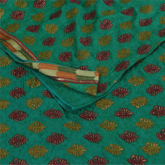 Sanskriti Vintage Sarees Green Embroidered Woven Pure Georgette Sari 5+yd Fabric