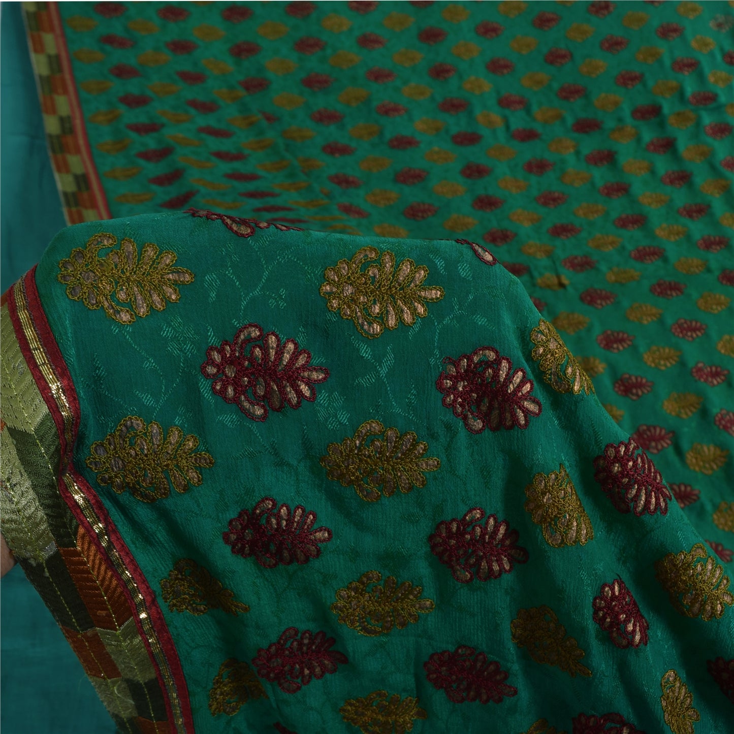 Sanskriti Vintage Sarees Green Embroidered Woven Pure Georgette Sari 5+yd Fabric