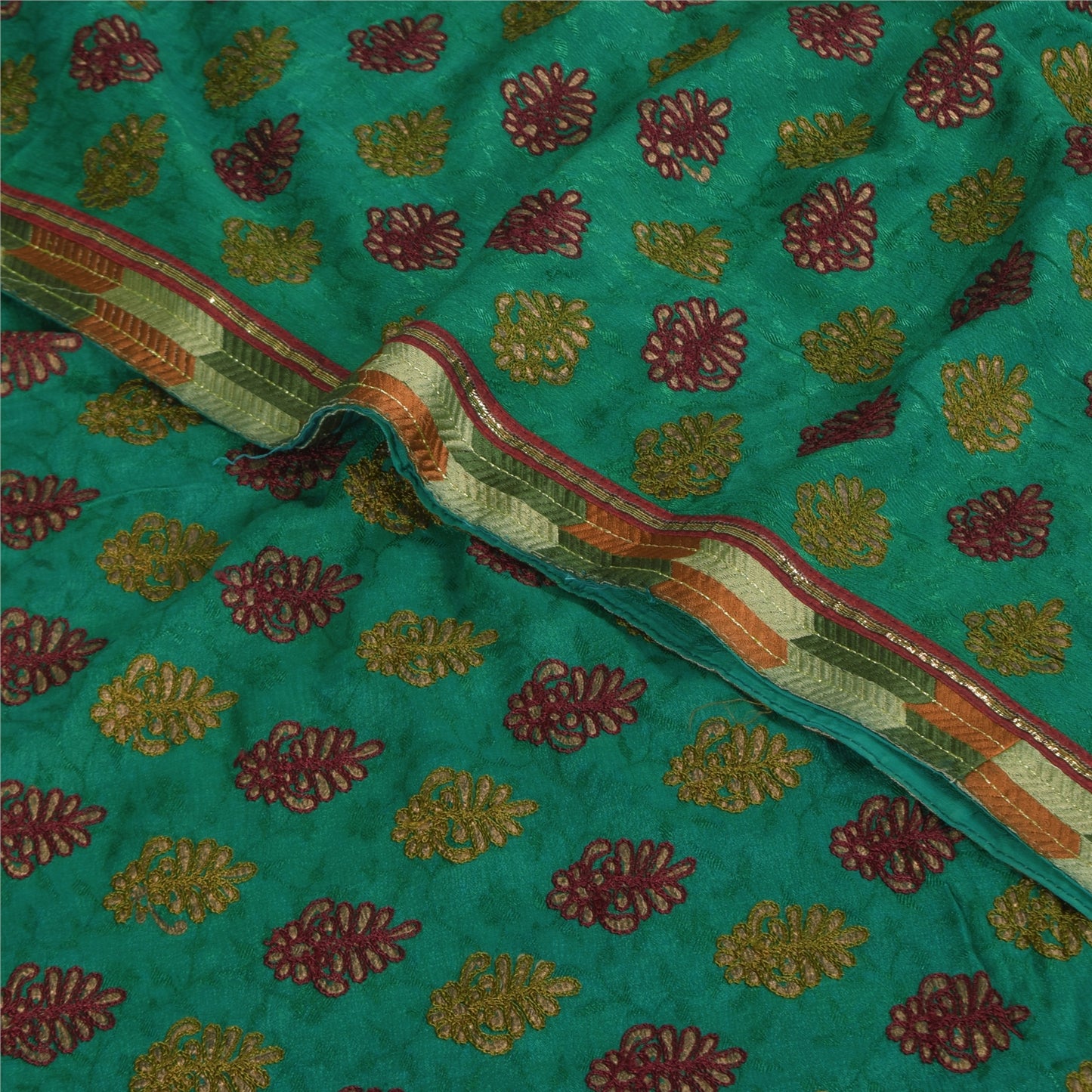 Sanskriti Vintage Sarees Green Embroidered Woven Pure Georgette Sari 5+yd Fabric