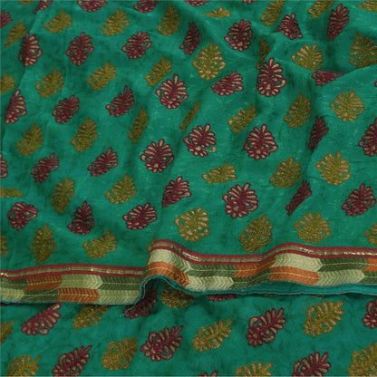 Sanskriti Vintage Sarees Green Embroidered Woven Pure Georgette Sari 5+yd Fabric