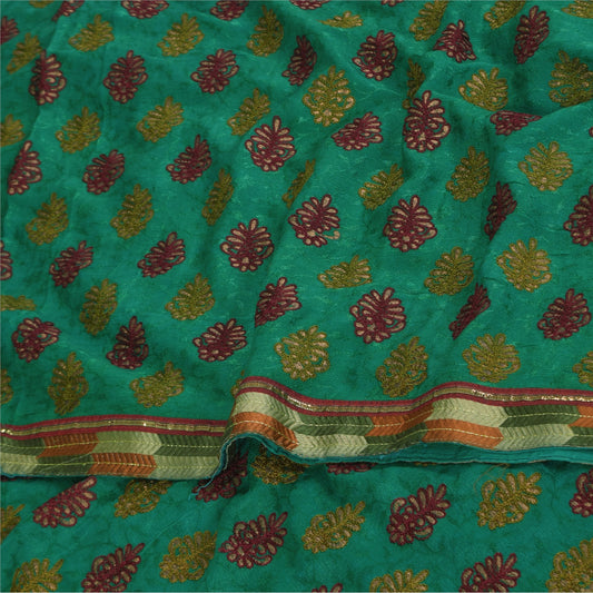 Sanskriti Vintage Sarees Green Embroidered Woven Pure Georgette Sari 5+yd Fabric