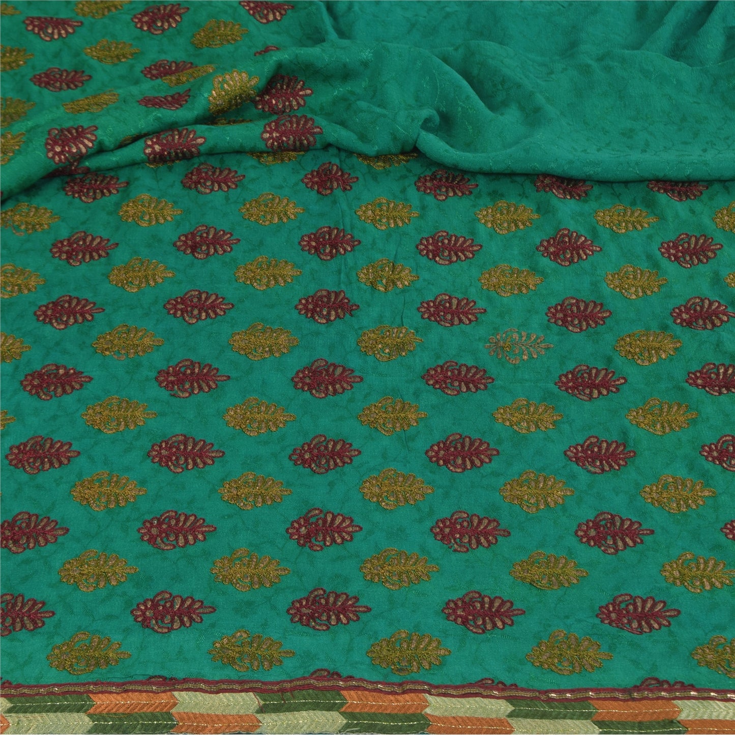 Sanskriti Vintage Sarees Green Embroidered Woven Pure Georgette Sari 5+yd Fabric
