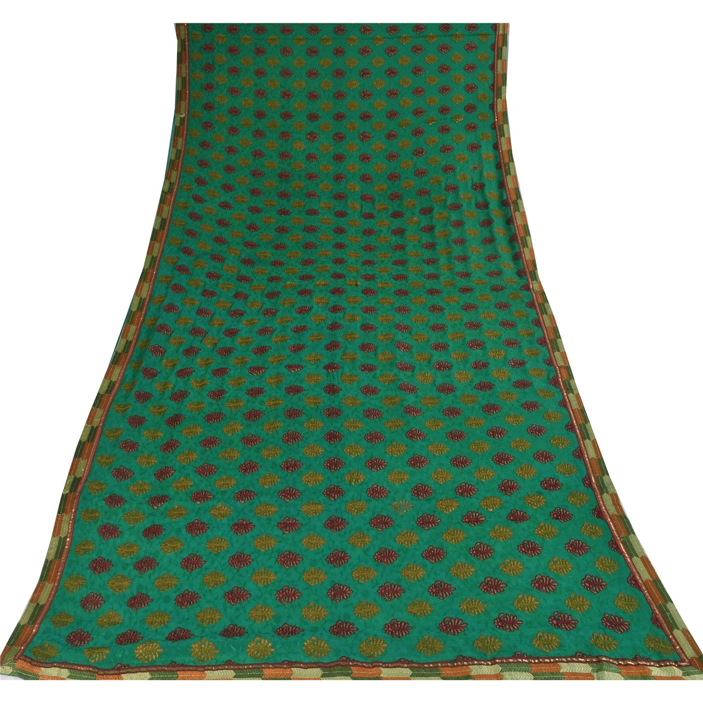 Sanskriti Vintage Sarees Green Embroidered Woven Pure Georgette Sari 5+yd Fabric