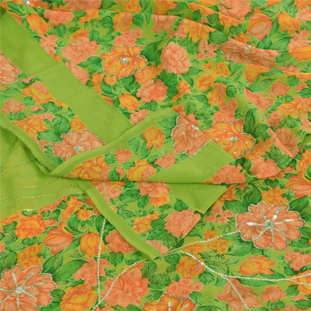 Sanskriti Vintage Sarees Green Pure Georgette Printe Embroidery Sari 5+yd Sustainable Fabric