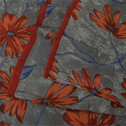 Sanskriti Vintage Sarees Gray Pure Georgette Silk Printed Sari 5+yd Craft Sustainable Fabric