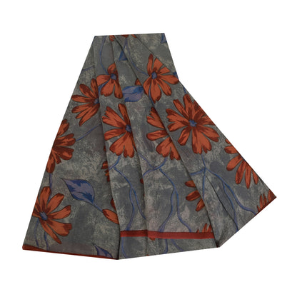 Sanskriti Vintage Sarees Gray Pure Georgette Silk Printed Sari 5+yd Craft Sustainable Fabric