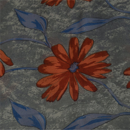 Sanskriti Vintage Sarees Gray Pure Georgette Silk Printed Sari 5+yd Craft Sustainable Fabric