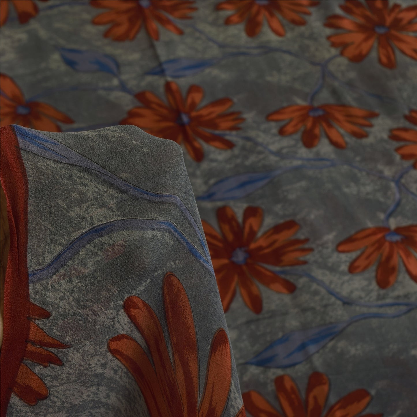 Sanskriti Vintage Sarees Gray Pure Georgette Silk Printed Sari 5+yd Craft Sustainable Fabric