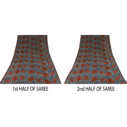 Sanskriti Vintage Sarees Gray Pure Georgette Silk Printed Sari 5+yd Craft Sustainable Fabric