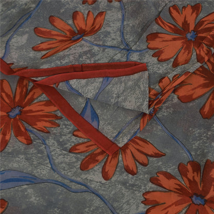 Sanskriti Vintage Sarees Gray Pure Georgette Silk Printed Sari 5+yd Craft Sustainable Fabric