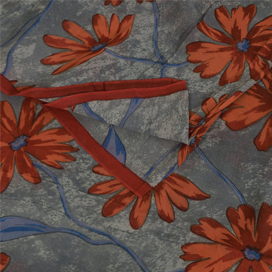 Sanskriti Vintage Sarees Gray Pure Georgette Silk Printed Sari 5+yd Craft Sustainable Fabric