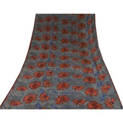 Sanskriti Vintage Sarees Gray Pure Georgette Silk Printed Sari 5+yd Craft Sustainable Fabric