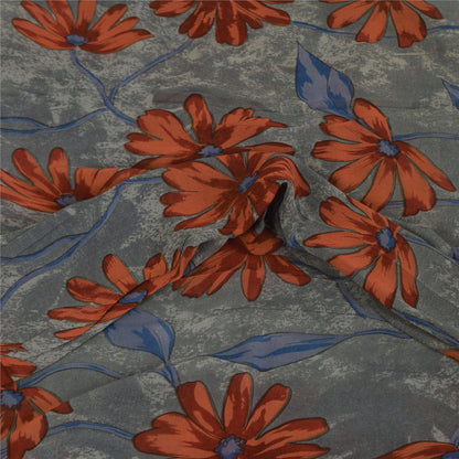 Sanskriti Vintage Sarees Gray Pure Georgette Silk Printed Sari 5+yd Craft Sustainable Fabric