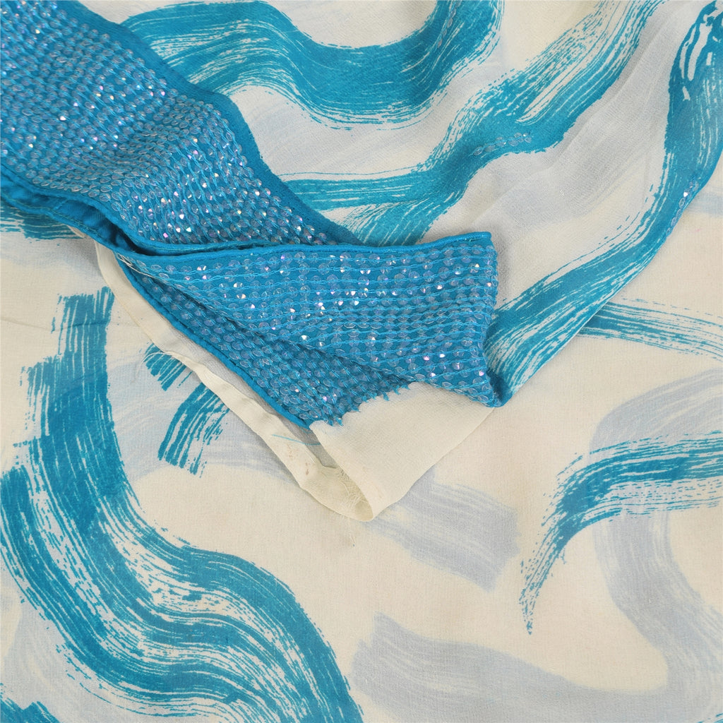 Sanskriti Vintage Sarier i ren Georgette med hvid/blåt print og pailletter, 6 m bæredygtigt stof