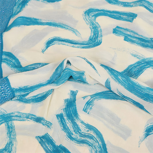 Sanskriti Vintage Sarees Pure Georgette White/Blue Print Sequin Sari 6yd Sustainable Fabric