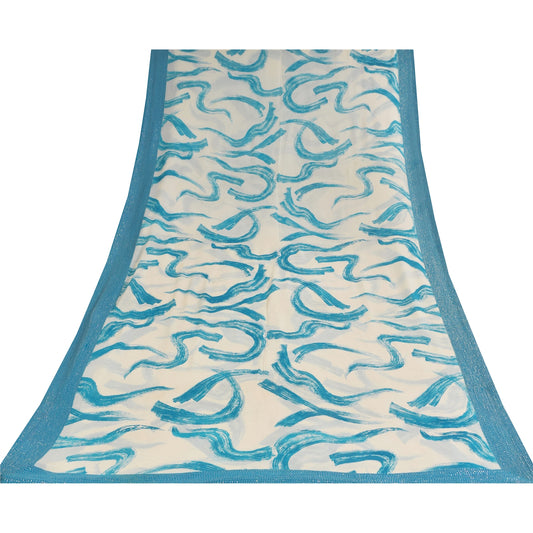 Санскритские винтажные сари из чистого жоржета, белое/синее сари с пайетками, 6 ярдов, устойчивая ткань