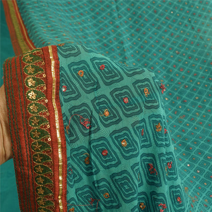Sanskriti Vintage Sarees Blue Pure Georgette Embroidered Print Sari 5+yd Fabric