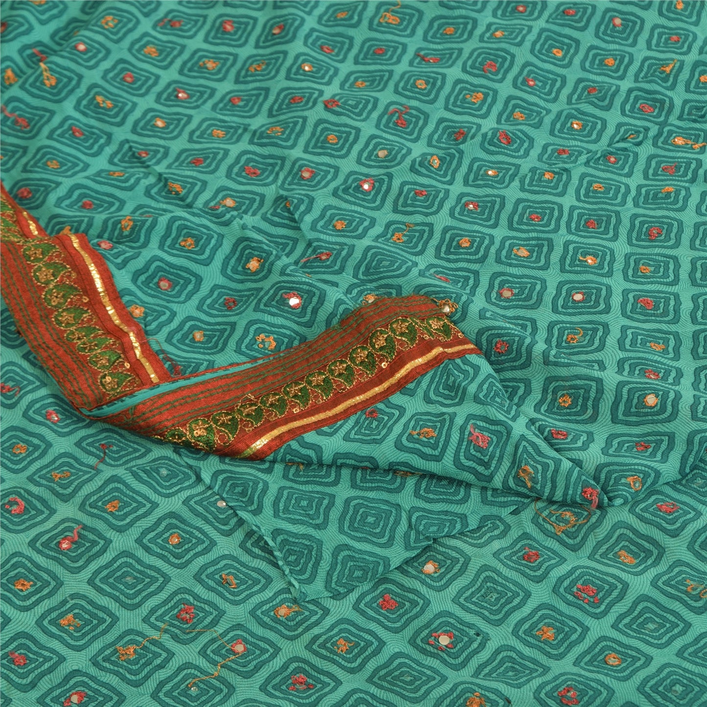 Sanskriti Vintage Sarees Blue Pure Georgette Embroidered Print Sari 5+yd Fabric