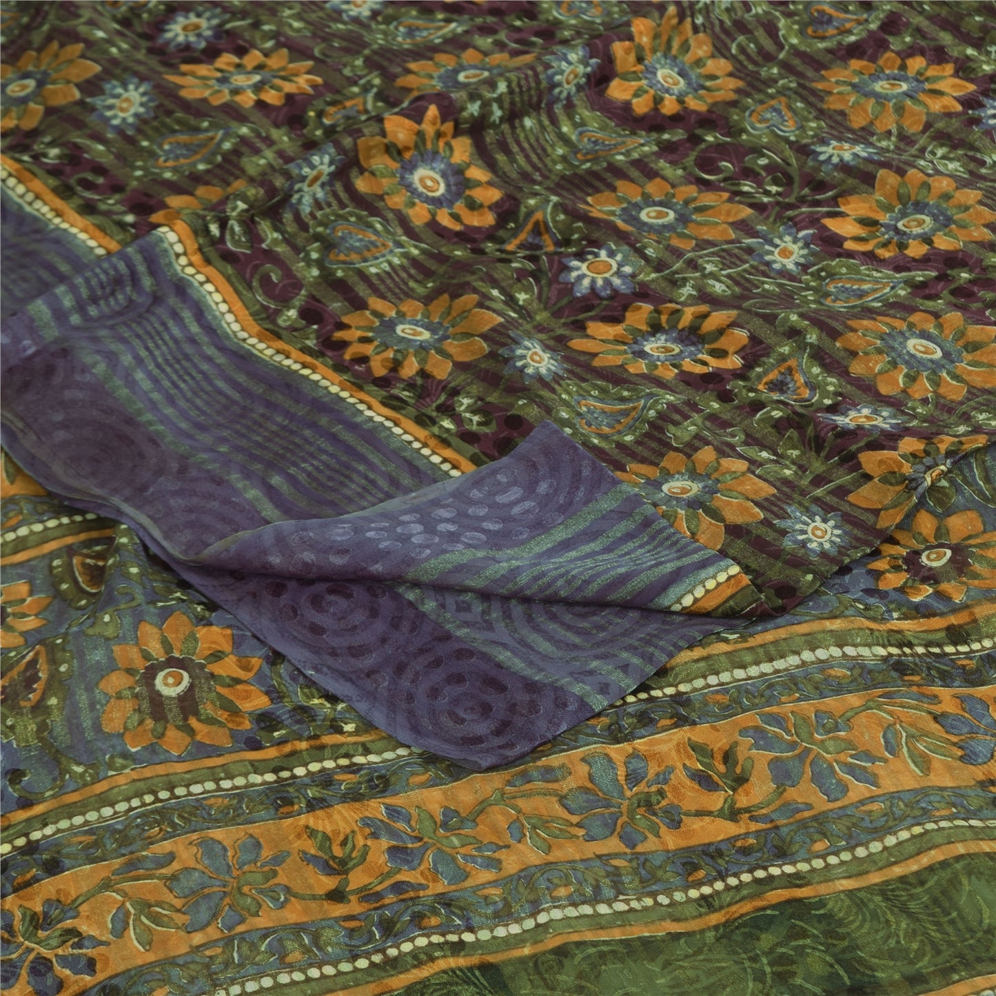 Sanskriti Vintage Sarees Yellow/Purple Pure Georgette Woven Print Sari Sustainable Fabric