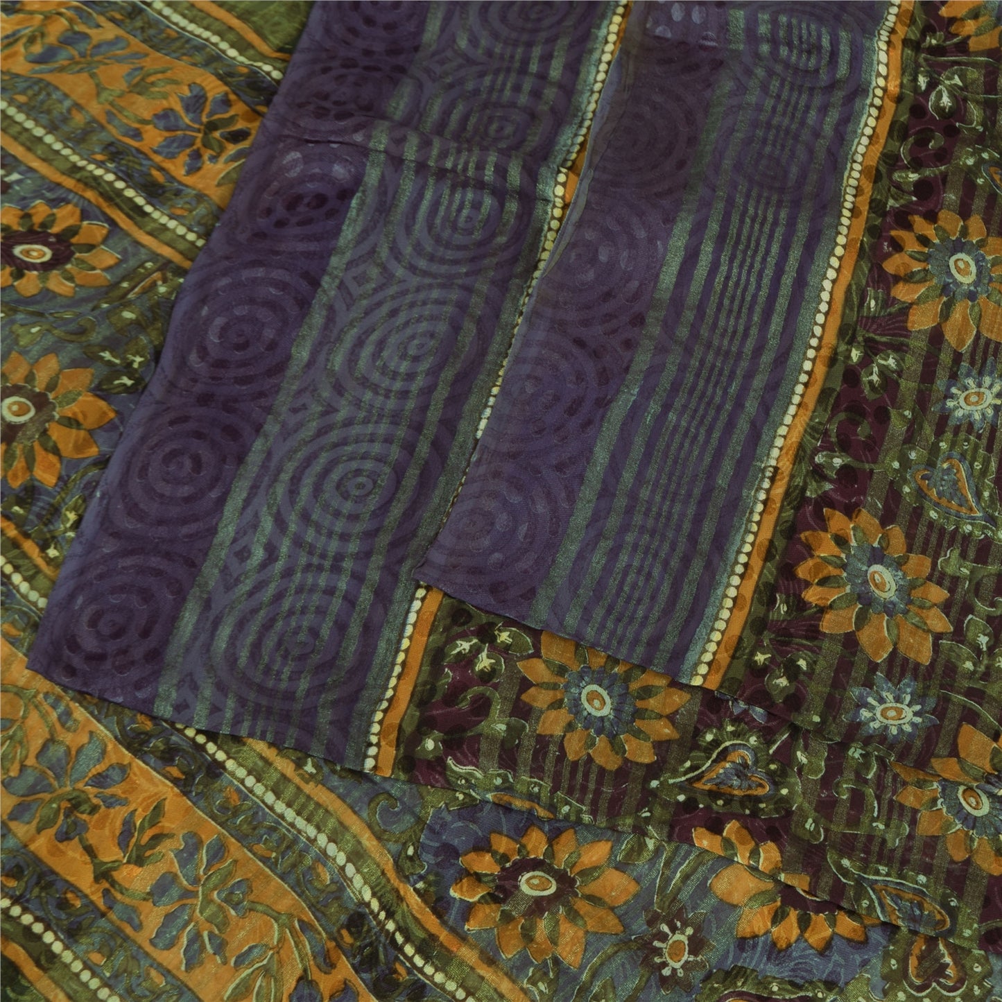 Sanskriti Vintage Sarees Yellow/Purple Pure Georgette Woven Print Sari Sustainable Fabric