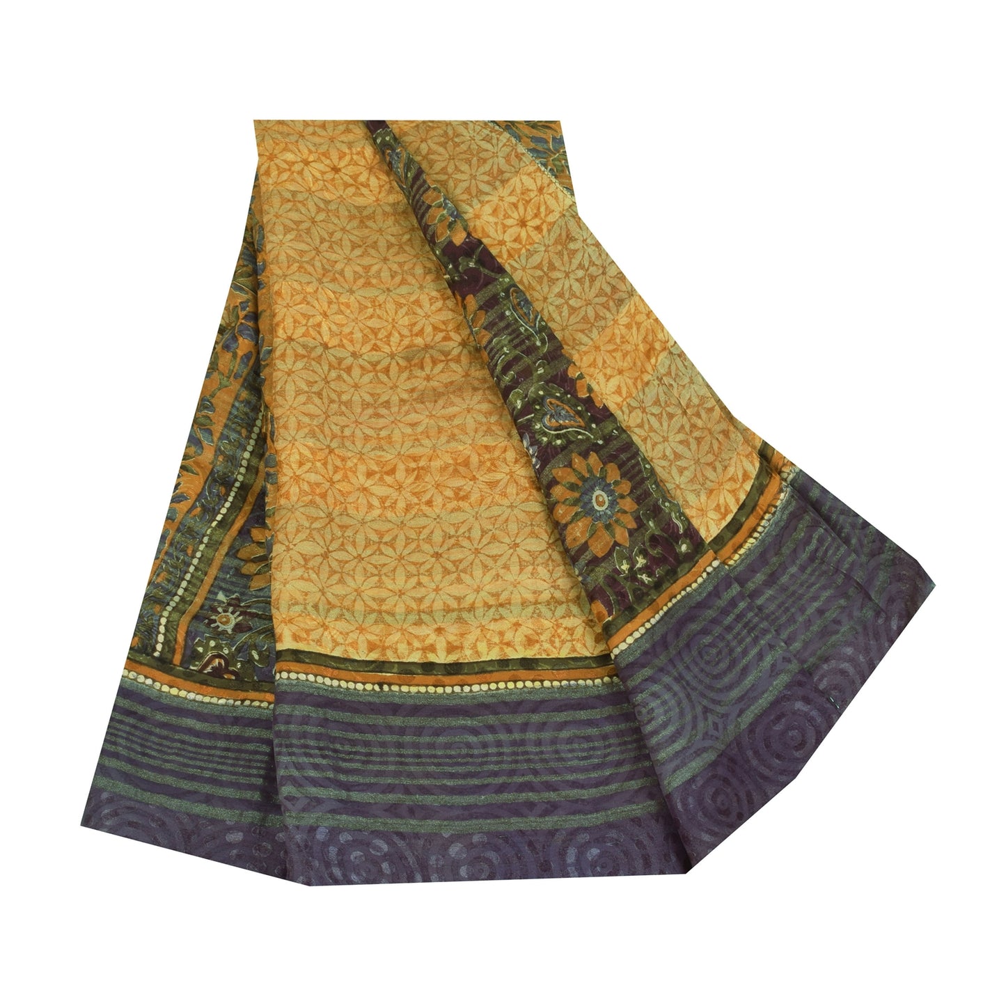 Sanskriti Vintage Sarees Yellow/Purple Pure Georgette Woven Print Sari Sustainable Fabric