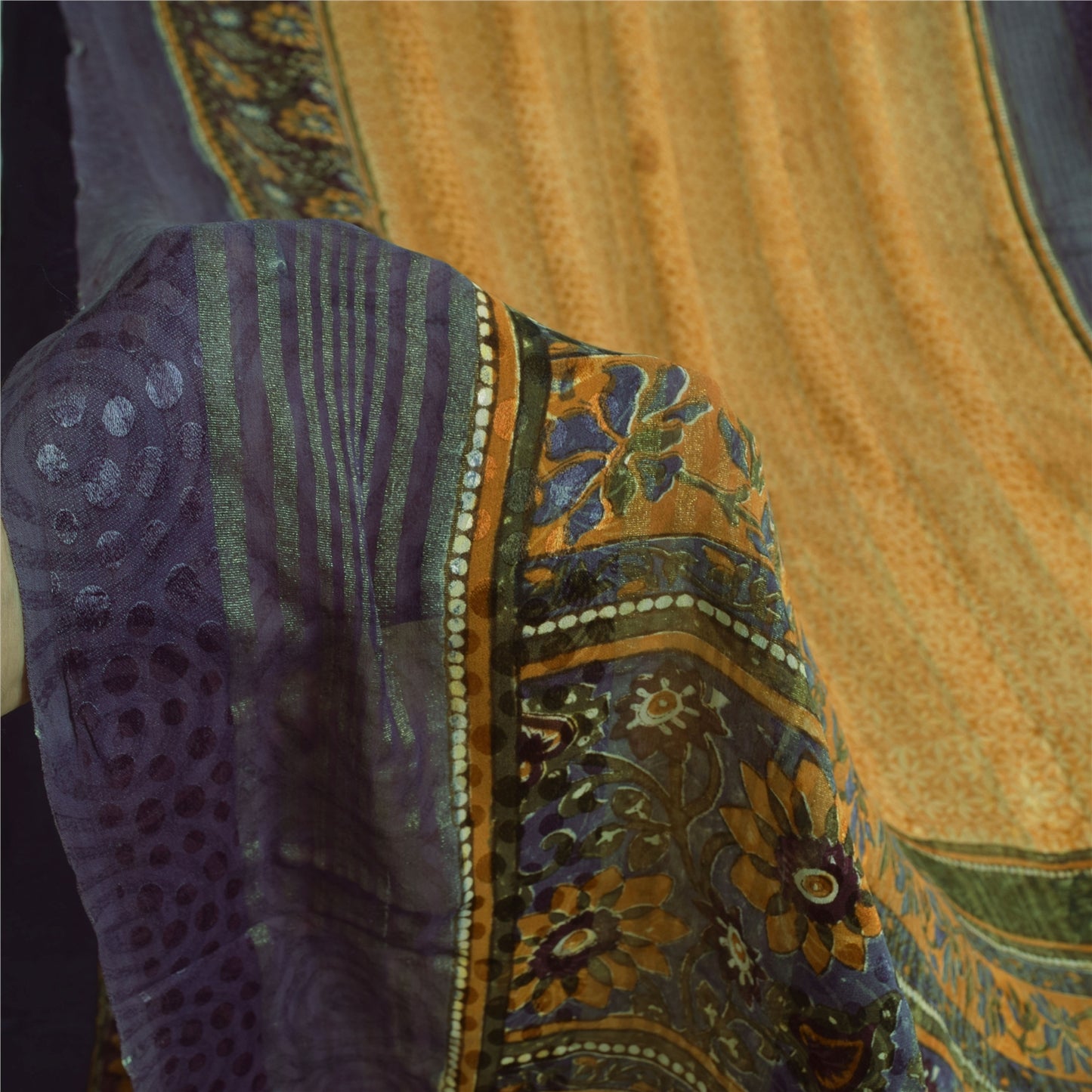 Sanskriti Vintage Sarees Yellow/Purple Pure Georgette Woven Print Sari Sustainable Fabric