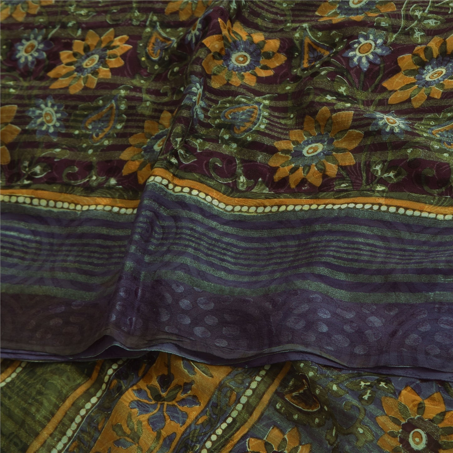 Sanskriti Vintage Sarees Yellow/Purple Pure Georgette Woven Print Sari Sustainable Fabric