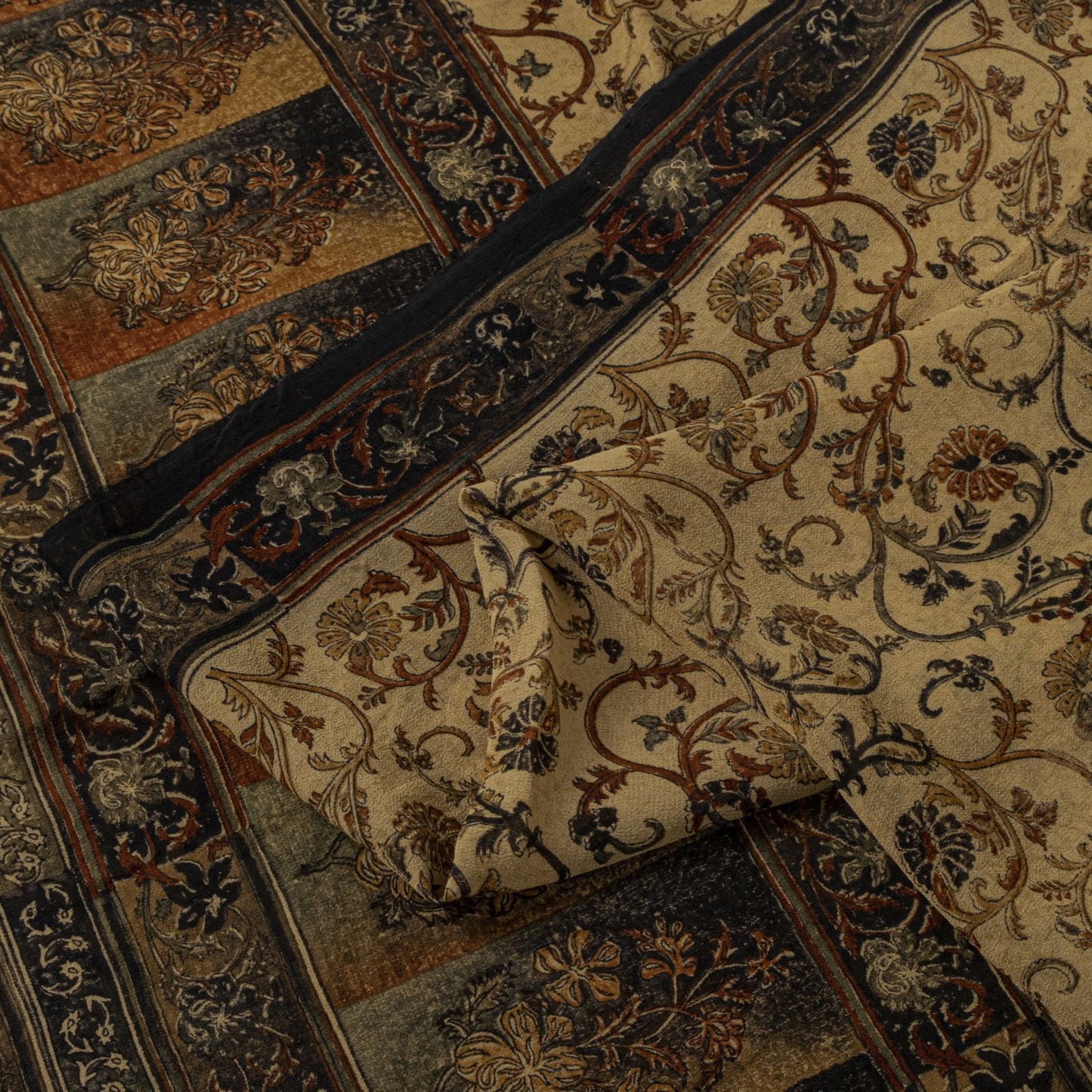 Sanskriti Vintage Saree Beige Pure Georgette Kalamkari Block Printed Sari 5+Yd