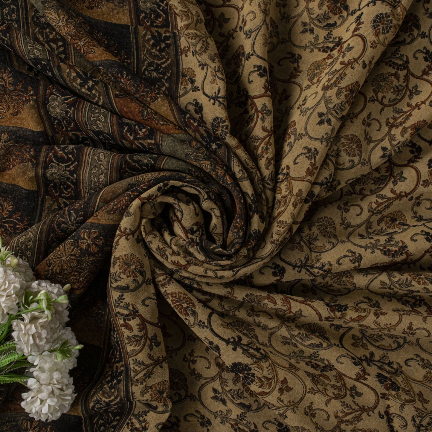 Sanskriti Vintage Saree Beige Pure Georgette Kalamkari Block Printed Sari 5+Yd