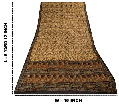 Sanskriti Vintage Saree Beige Pure Georgette Kalamkari Block Printed Sari 5+Yd
