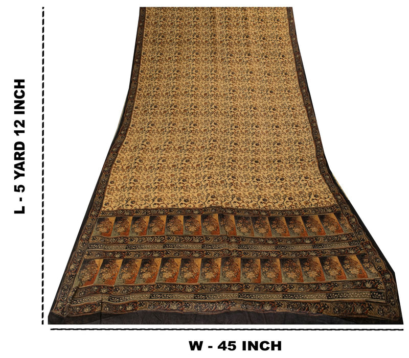 Sanskriti Vintage Saree Beige Pure Georgette Kalamkari Block Printed Sari 5+Yd