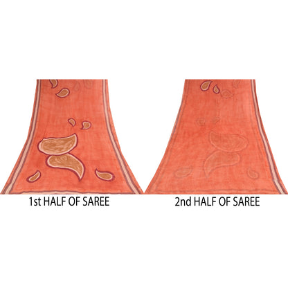 Sanskriti Vintage Sarees Peach Pure Georgette Silk Print Sari 6yd Craft Sustainable Fabric