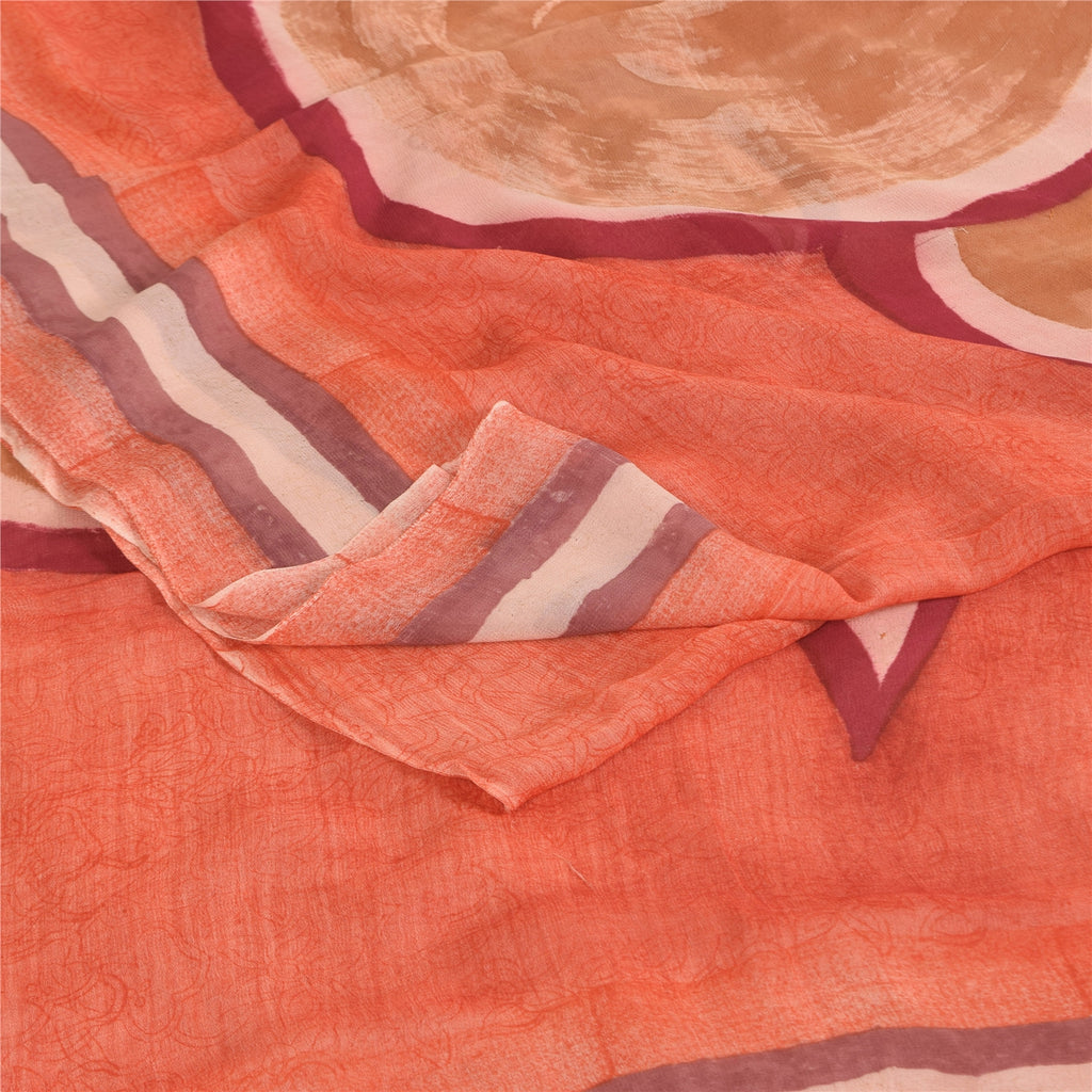 Sanskriti Vintage Sarees Peach Pure Georgette Silk Print Sari 6yd Craft Sustainable Fabric