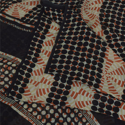 Sanskriti Vintage Sarees Black/Ivory Pure Georgette Printed Sari 5+yd Sustainable Fabric