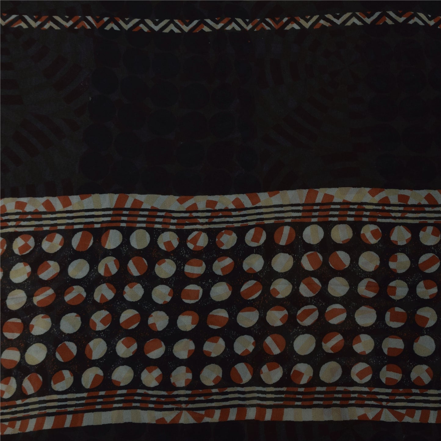 Sanskriti Vintage Sarees Black/Ivory Pure Georgette Printed Sari 5+yd Sustainable Fabric