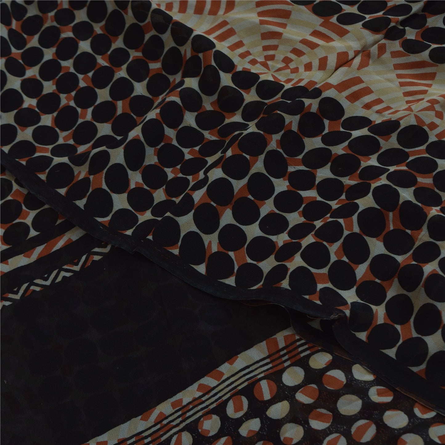 Sanskriti Vintage Sarees Black/Ivory Pure Georgette Printed Sari 5+yd Sustainable Fabric