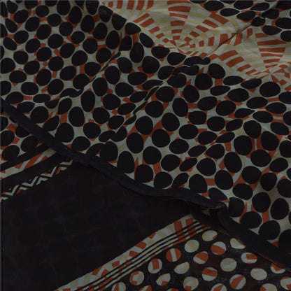 Sanskriti Vintage Sarees Black/Ivory Pure Georgette Printed Sari 5+yd Sustainable Fabric