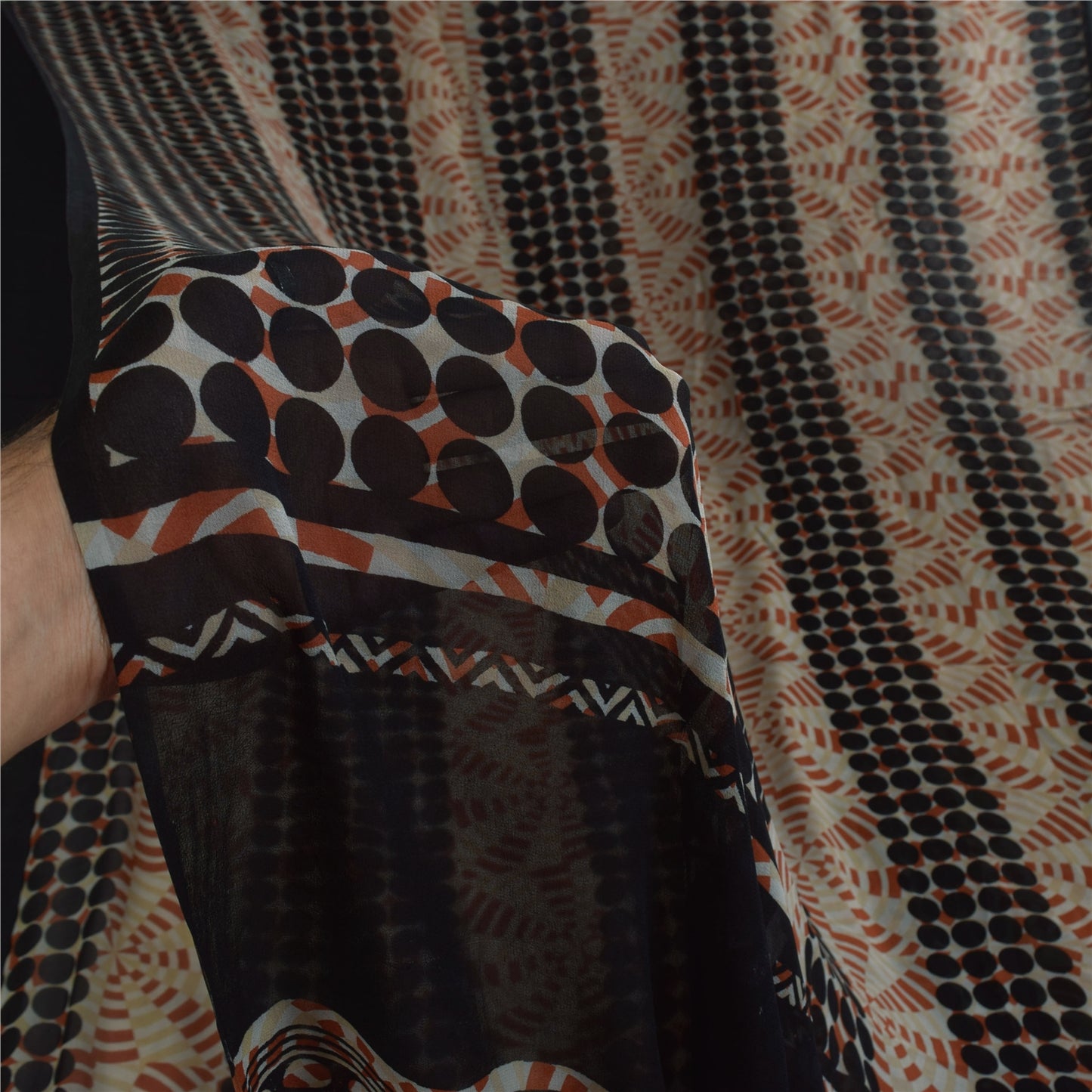 Sanskriti Vintage Sarees Black/Ivory Pure Georgette Printed Sari 5+yd Sustainable Fabric