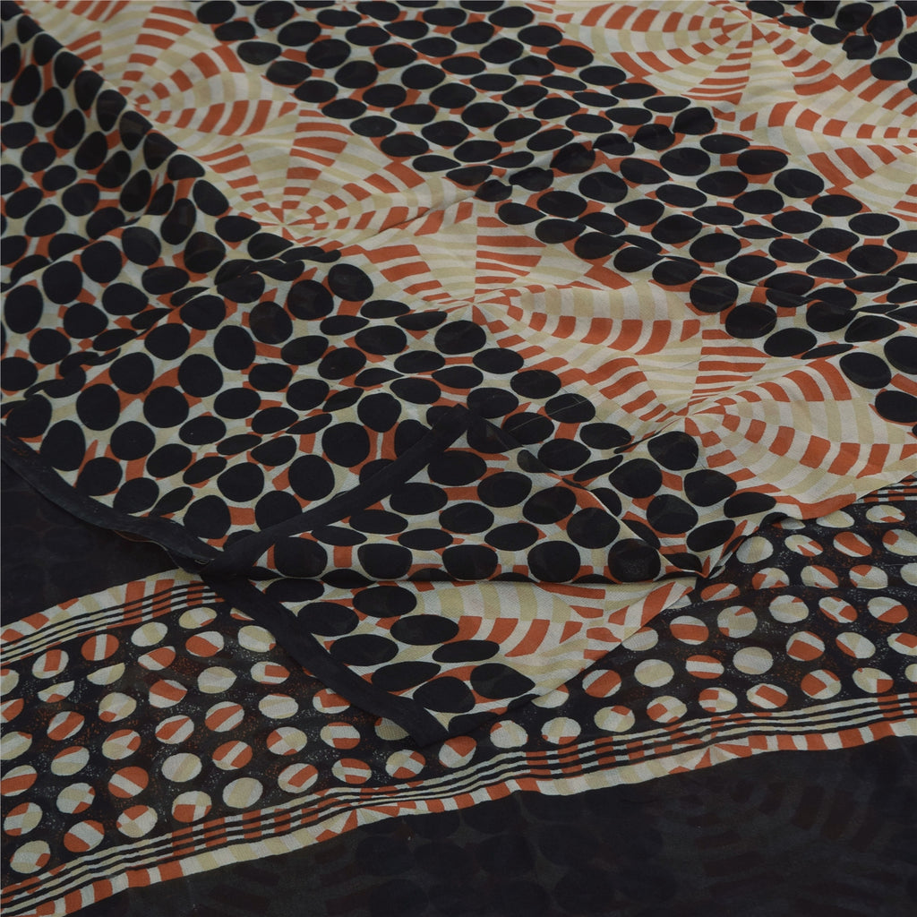 Sanskriti Vintage Sarees Black/Ivory Pure Georgette Printed Sari 5+yd Sustainable Fabric